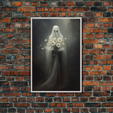 The Ghost With The Flowers, Gothic Halloween Decor, Framed Canvas Print, Scary Horror Art, Goth Decor, Moody Oil Painting, Dark Academia