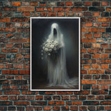 The Ghost With The Flowers, Halloween Canvas Print, Framed Canvas, Unique Wall Art, Goth Art, Dark Academia, Witch Art, Witchcraft