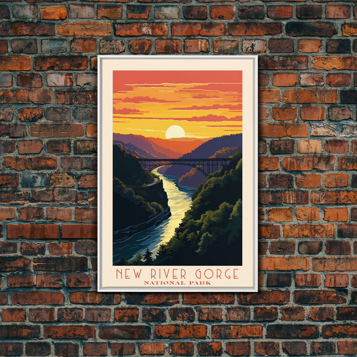 New River Gorge National Park, West Virginia Travel Art, National Park Print, Minimalist Travel Art, Midcentury Modern Retro Style Landscape