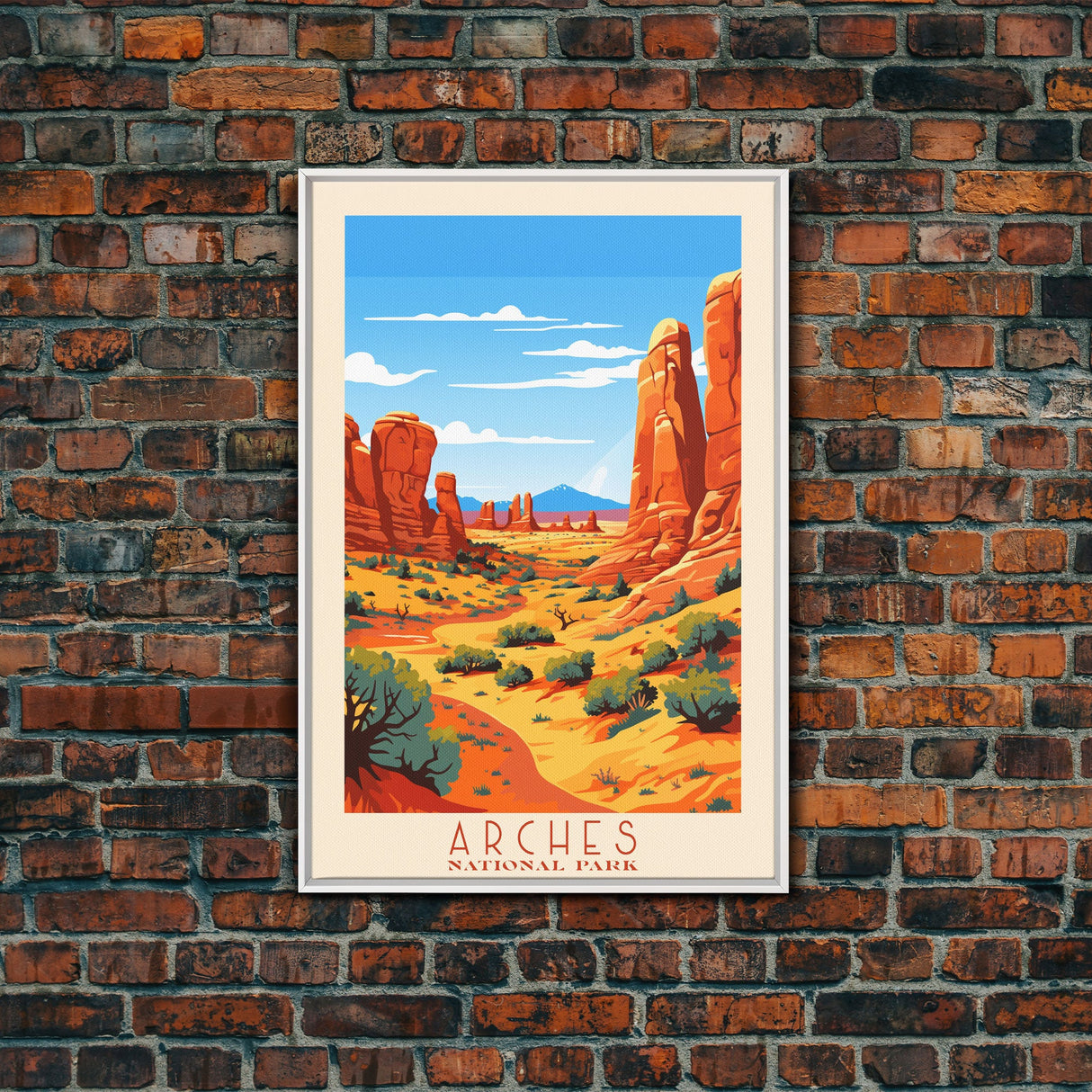 Arches National Park, Framed Wall Art Canvas Print, Travel Poster, Travel Art, Roadtrip Decor, Cool Wall Art, Retro State Park Art