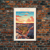 Badlands National Park, Framed Wall Art Canvas Print, Travel Poster, South Dakota Travel Art, Roadtrip Decor, Cool Art, Retro State Park Art