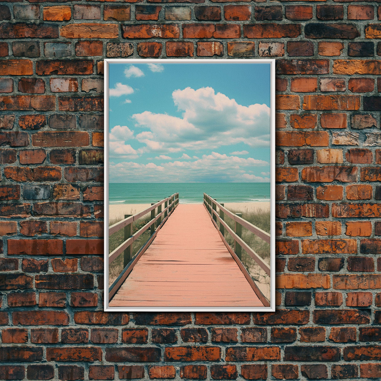 Beach Boardwalk, Vaporwave Summer Vibes, Framed Canvas Print, Retro Midcentury Modern Art, Liminal Art, Minimalist MCM Lakehouse Art