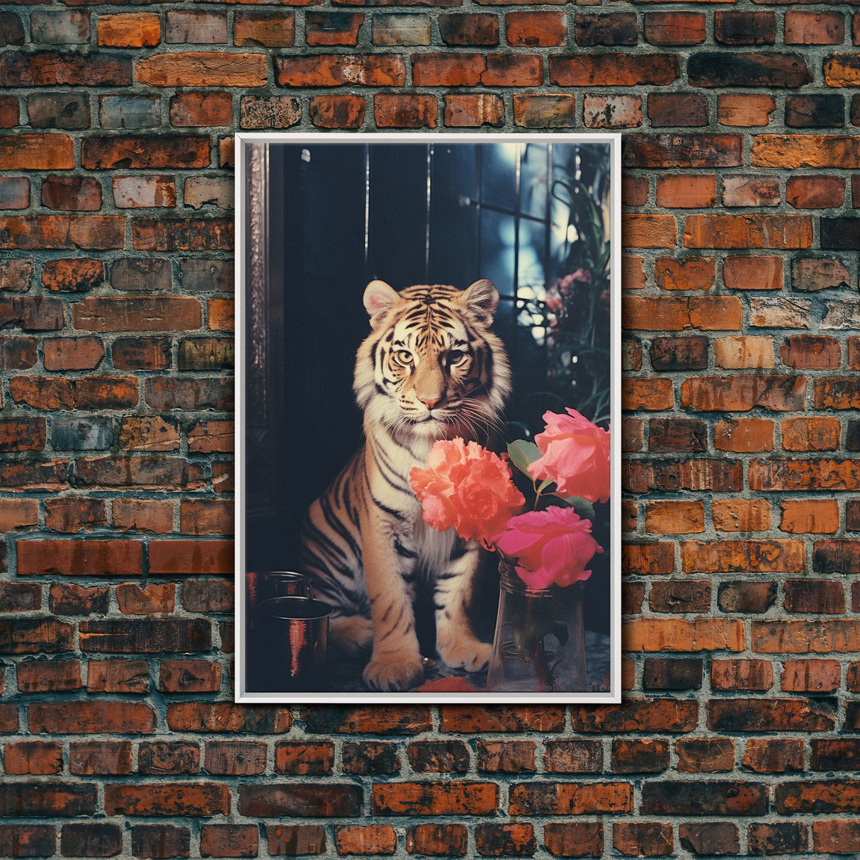 Portrait Of A Lion, 80s Photography, Framed Canvas Print, Photo Print, Animal Prints, Vaporwave Style Retro Art, Lion Wall Art