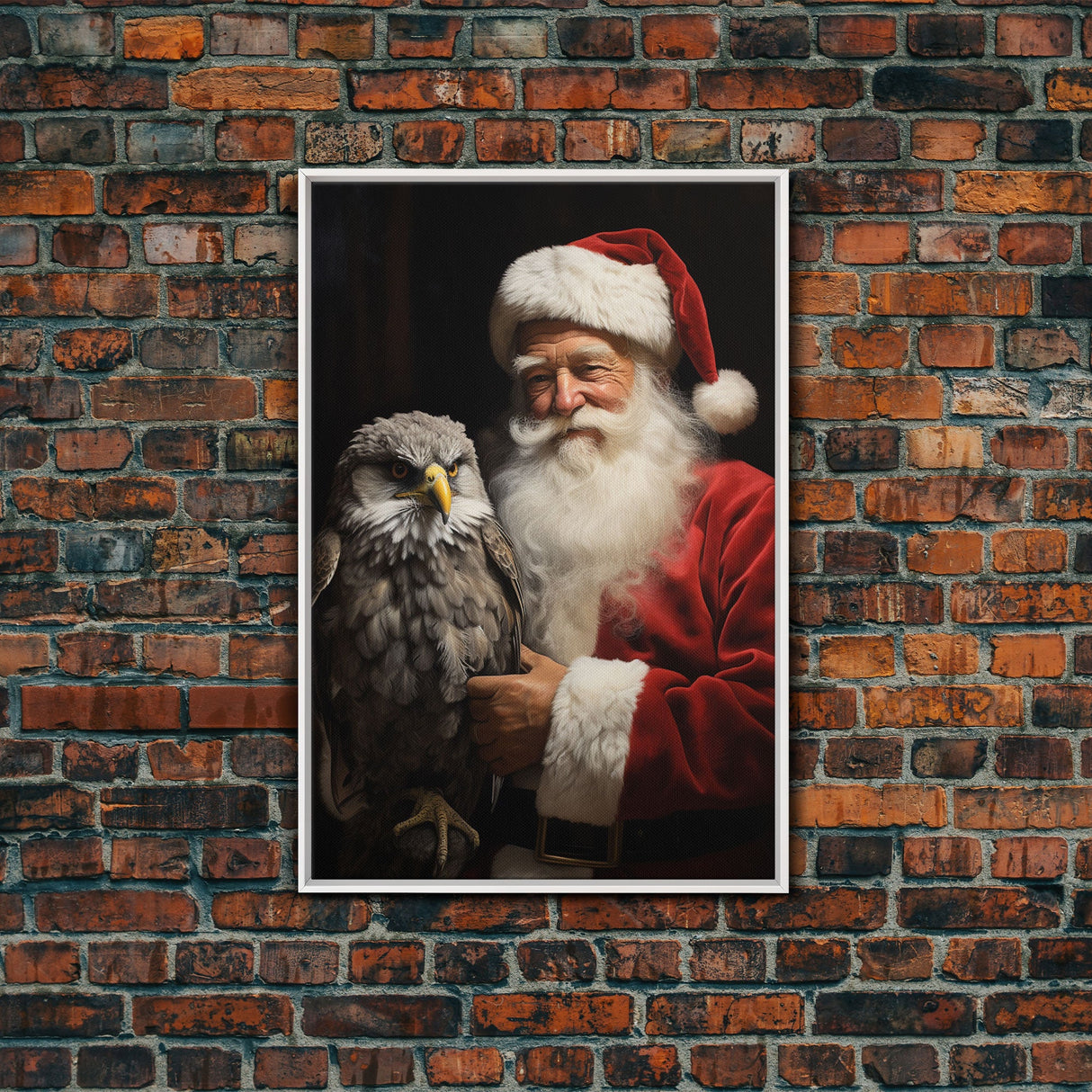 Santa Holding An Eagle, Framed Canvas Print, Christmas Wall Art, Xmas Art, Christmas Art Print, Santa Decor, Farmhouse Christmas Eagle Print