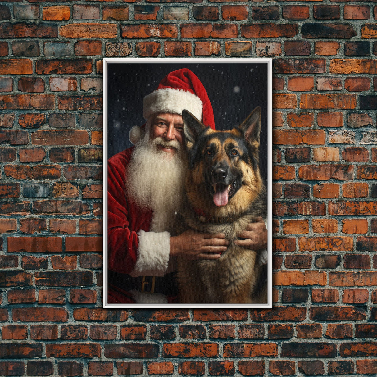 Santa Holding A Golden Retriever, Framed Canvas Print, Christmas Wall Art, Xmas Art, Christmas Art Print, Santa Decor, Farmhouse Christmas