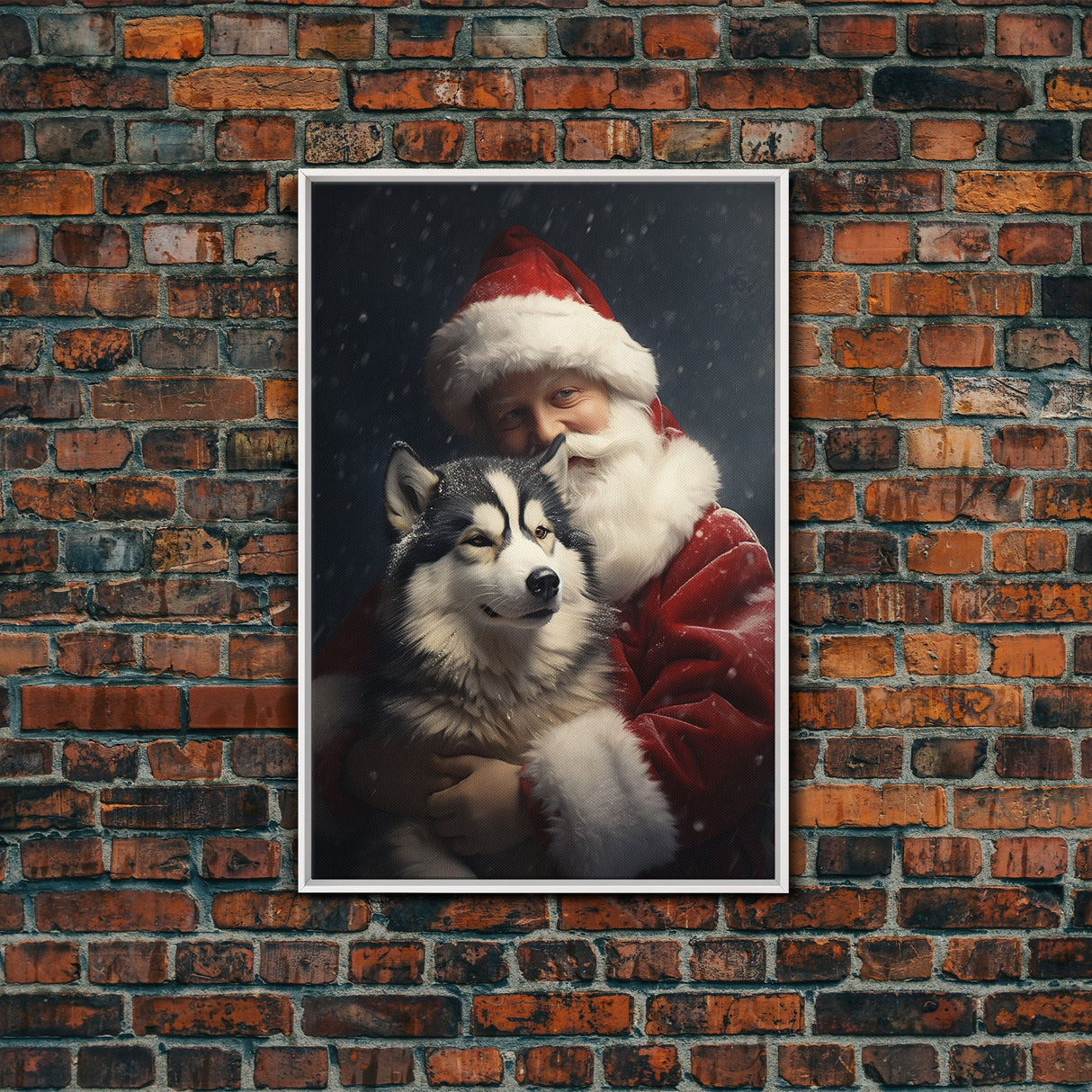 Santa Holding A Siberian Husky, Framed Canvas Print, Christmas Wall Art, Xmas Art, Christmas Art Print, Santa Decor, Farmhouse Christmas