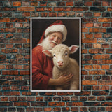 Farmhouse Christmas Decor, Santa And A Little Sheep, Framed Canvas Print, Christmas Wall Art, Xmas Art, Christmas Art Print, Santa Decor