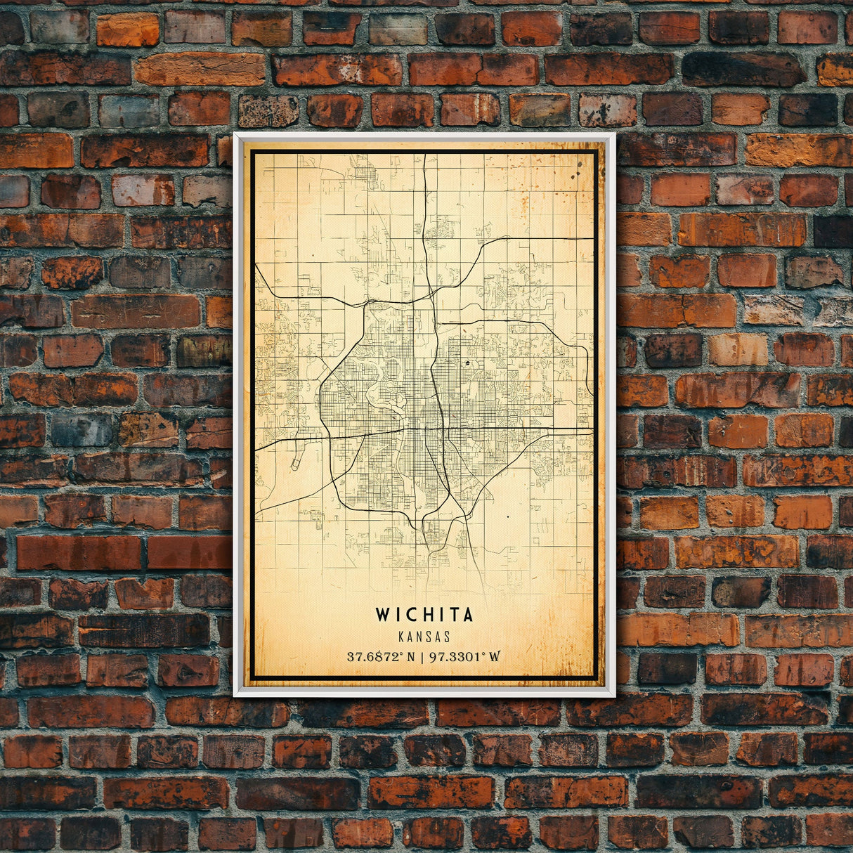 Vintage Wichita Kansas map print poster or framed canvas, Wichita map print poster canvas, Wichita city map print poster canvas, Travel Art