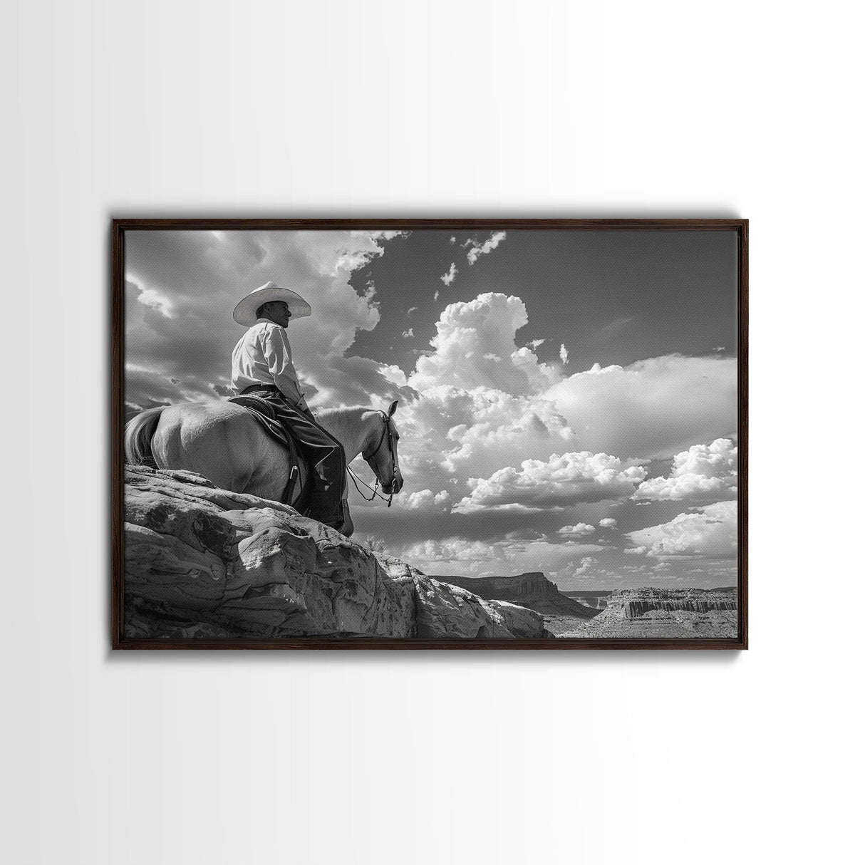 Old Cowboy's Last Ride, Framed Canvas Print, Metal Art, Boho Farmhouse Decor, Country Western Art, Black and White Photography Print