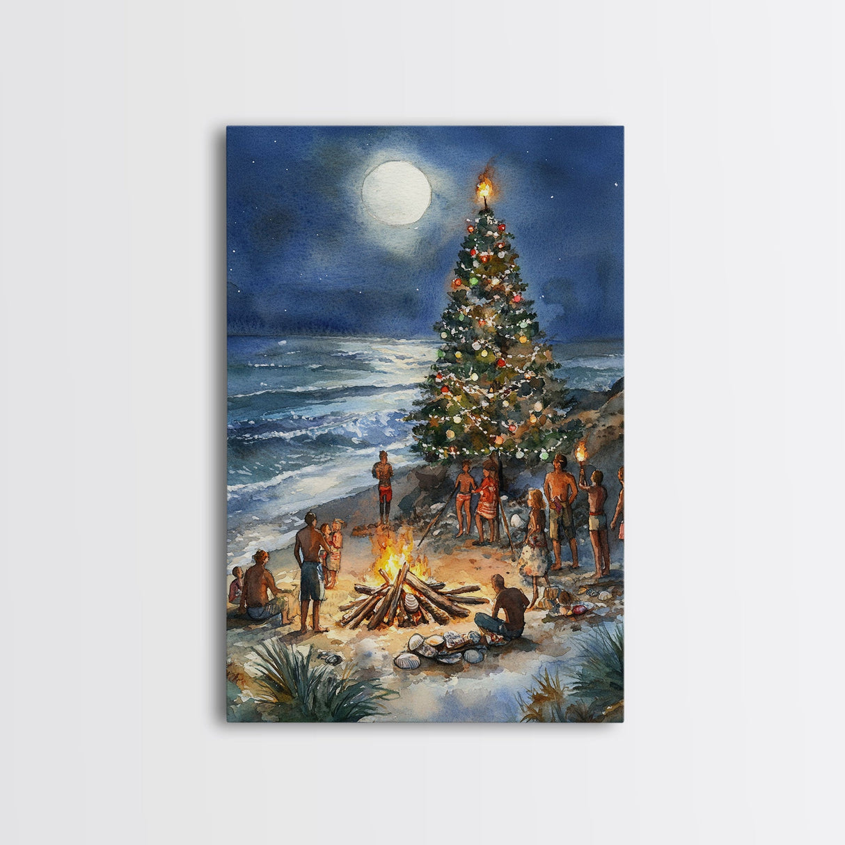 Christmas At The Beach, Framed Canvas Print, Christmas Decor, Christmas Art, Christmas Art Prints, Tropical Christmas, Beach House Art