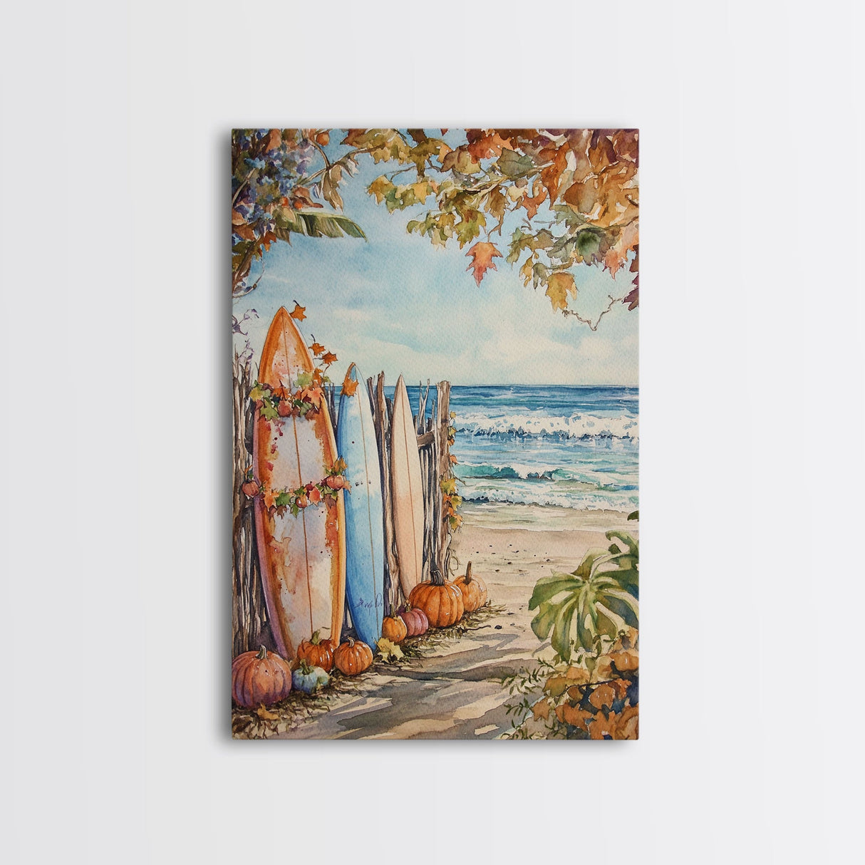 Surfboards In The Fall, Surfer Thanksgiving Wall Art Framed Canvas Print, Tropical Decor, Beach Art