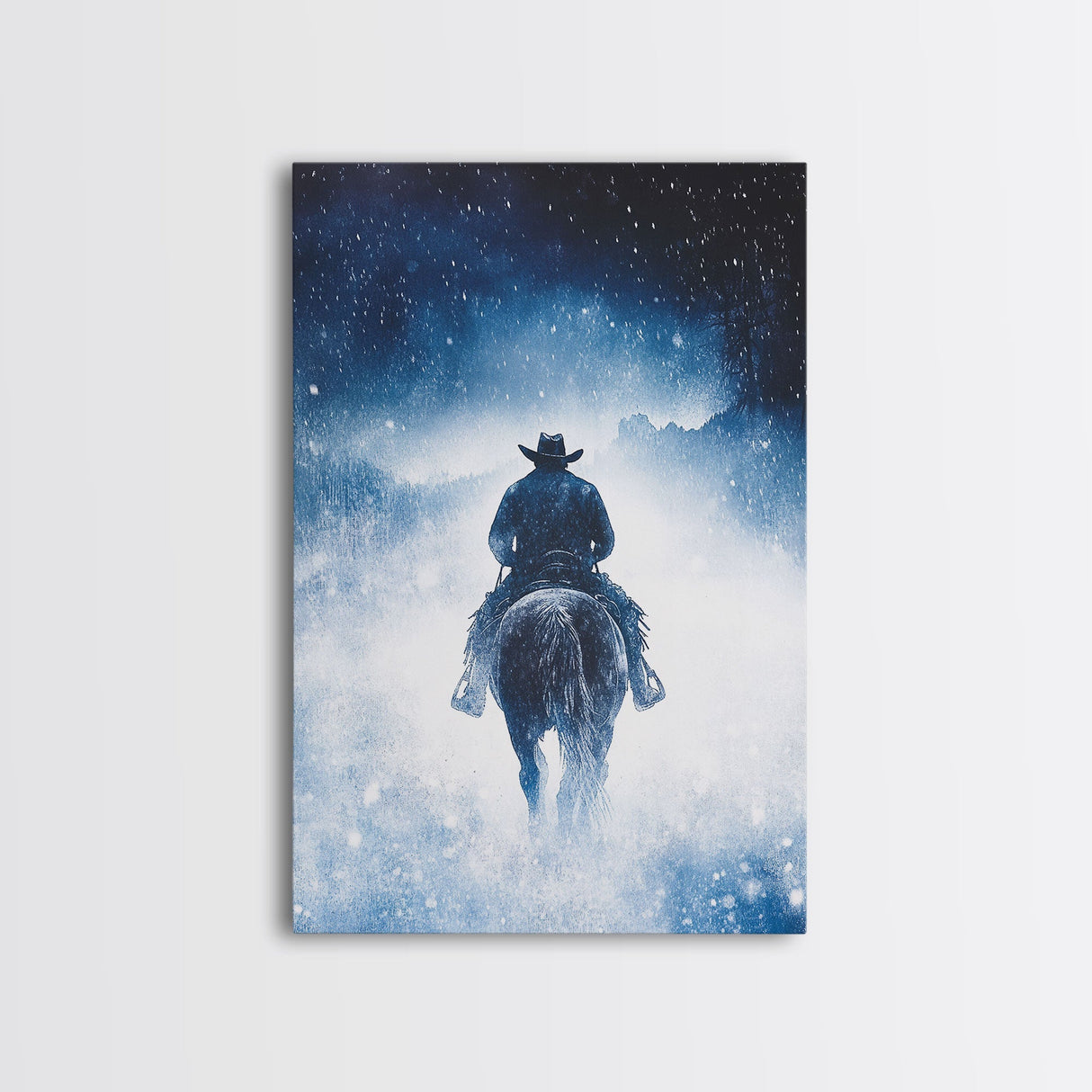 Rider In The Snow Storm, Framed Canvas Print, Western Winter Landscape Painting, Winter Wonderland Art