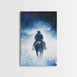 Rider In The Snow Storm, Framed Canvas Print, Western Winter Landscape Painting, Winter Wonderland Art