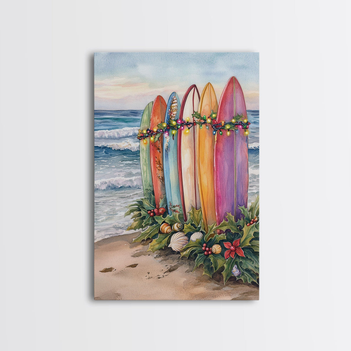 Surf Board Christmas, Framed Canvas Print, Beautiful Trendy Christmas Wall Art With Wood Frame, 2024 Xmas Decor, Christmas 2024