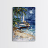 Sailboat On The Beach At Christmas, Framed Canvas Print, Christmas Home Decor / Gift, Christmas Wall Print