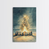 Christmas Beach Bonfire Framed Canvas Print, Christmas Painting Wall Art, Christmas Handmade Art, Best Gift Christmas Decor