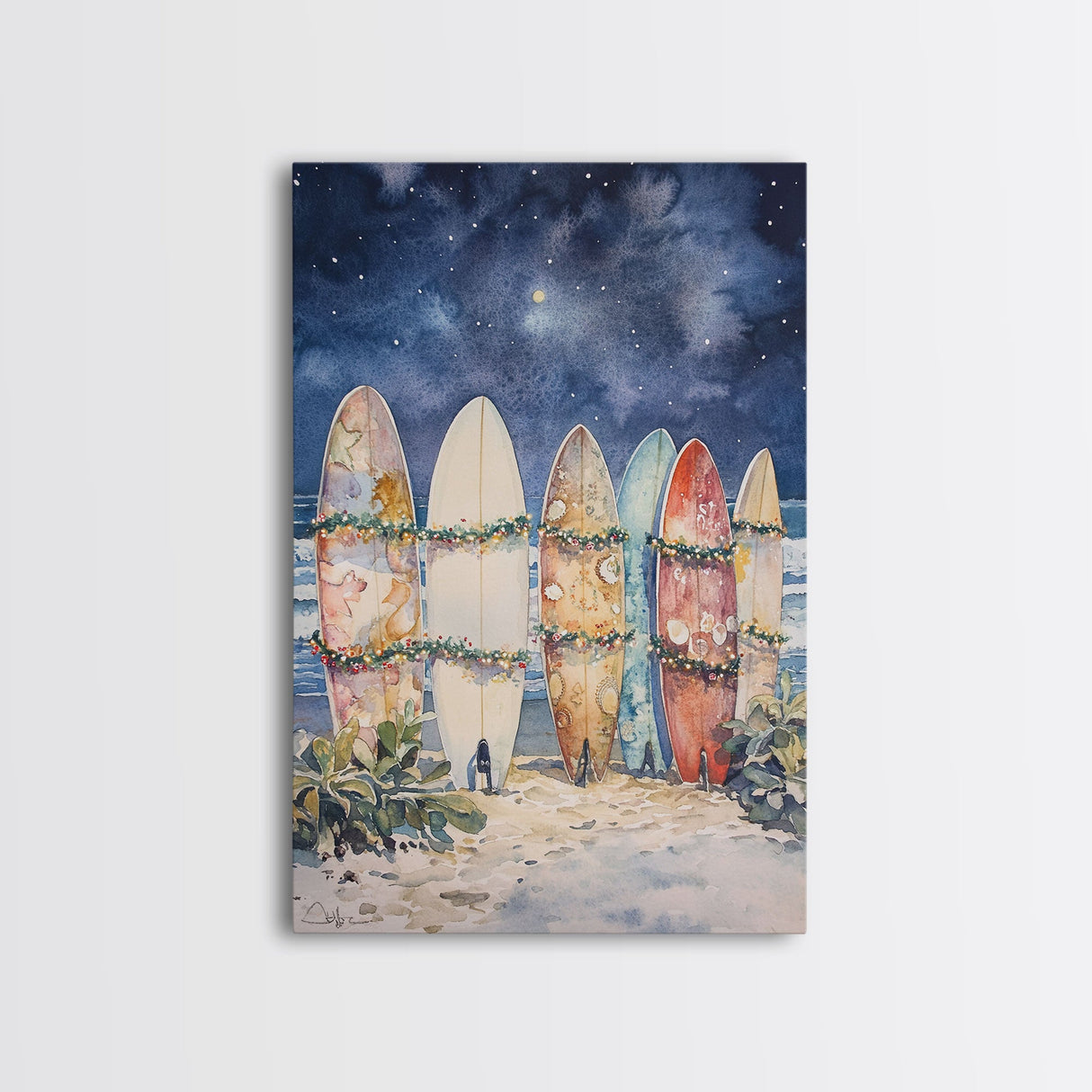 Christmas Surfboards On A Snowy Beach, Framed Canvas Print, Tropical / Nautical Christmas Art or Gift Idea, Christmas Poster