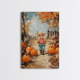 Autumn Cowboy Decor Canvas Print with Pumpkins, Fall Holiday Wall Art and Seasonal Gift Idea 2024