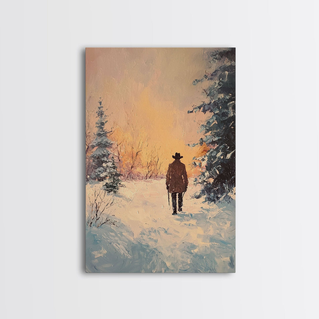 Lone Cowboy in Snowy Forest Canvas Print, Winter Wonderland Western Art, Christmas Wall Art Gift, Seasonal Holiday Decor, Tall Canvas Print