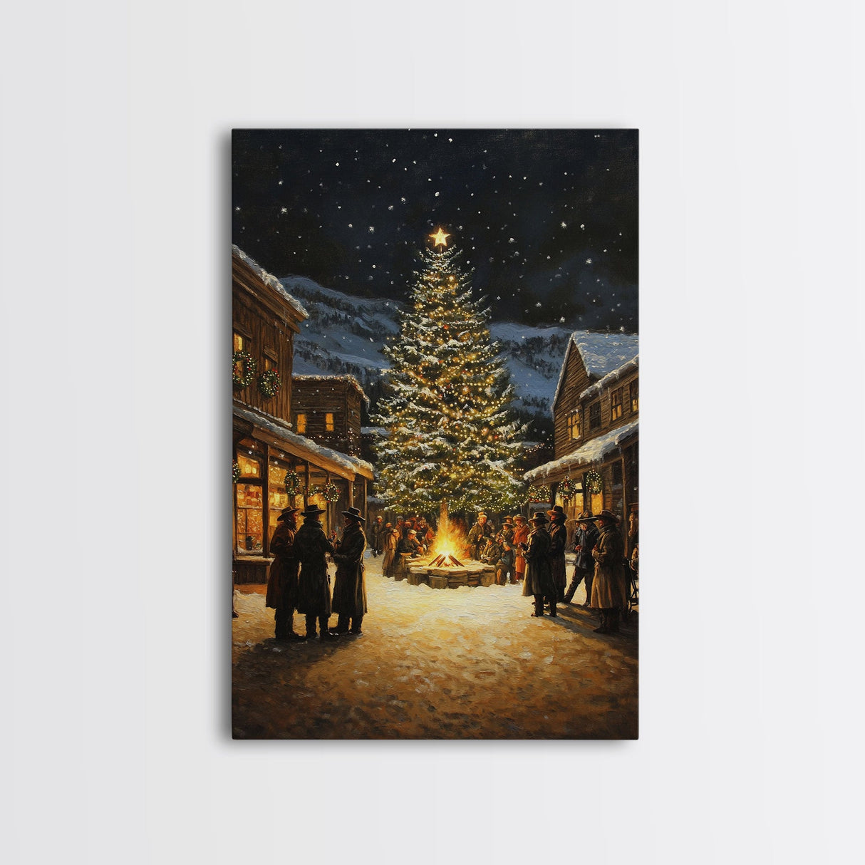 Western Christmas Town Gathering Framed Canvas Print, Cowboy Christmas Eve by the Bonfire Tree, Festive Winter Wall Art Rustic Holiday Decor