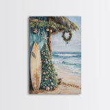 Surf Shack Christmas Framed Canvas Print, Beachfront Holiday Scene with Decorated Tree Surfboard, Coastal Wall Art Tropical Christmas Decor