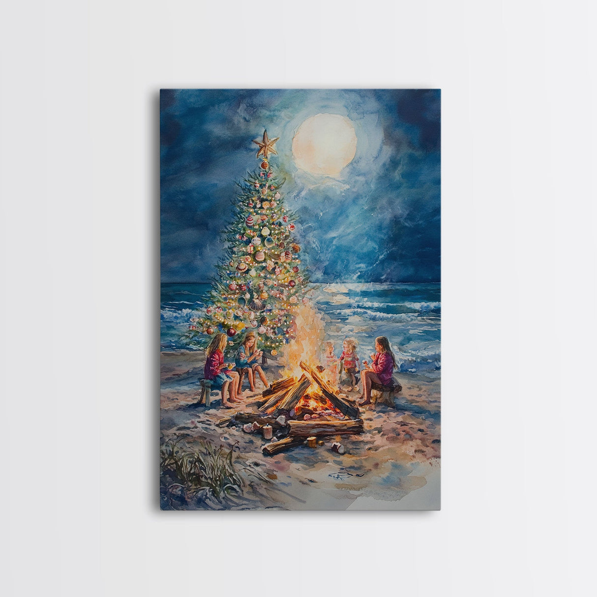 Christmas by the Bonfire Framed Canvas Print Family Gathering Around Christmas Tree Beach, Coastal Holiday Wall Art Nautical Christmas Decor