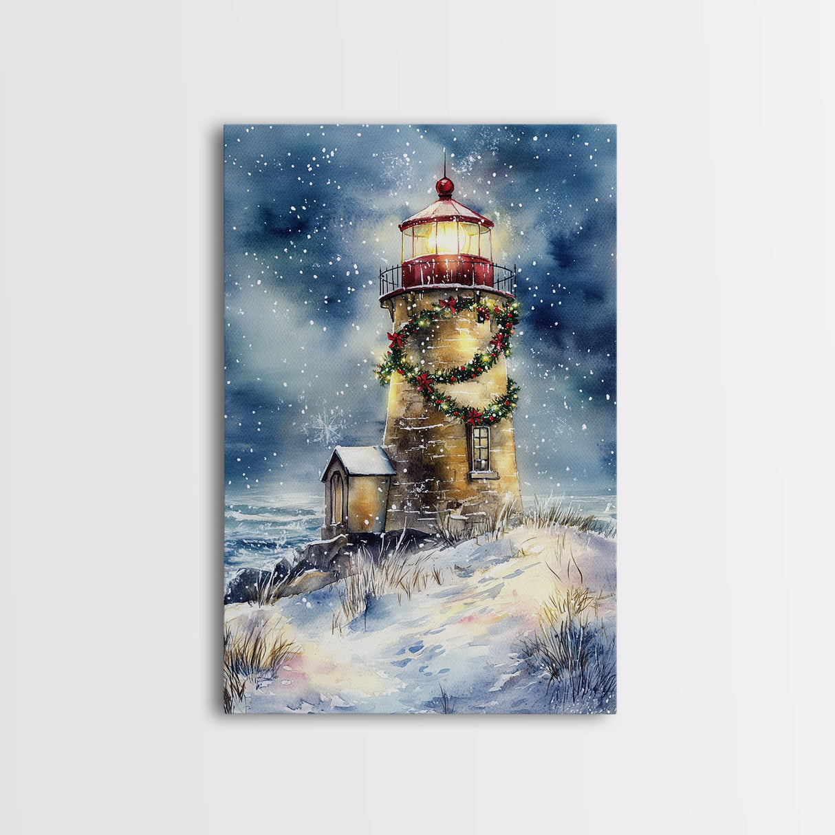 Snowy lighthouse under moonlit sky with wreath, Framed Canvas Print, beach Christmas decor for winter wonderland, holiday wall art