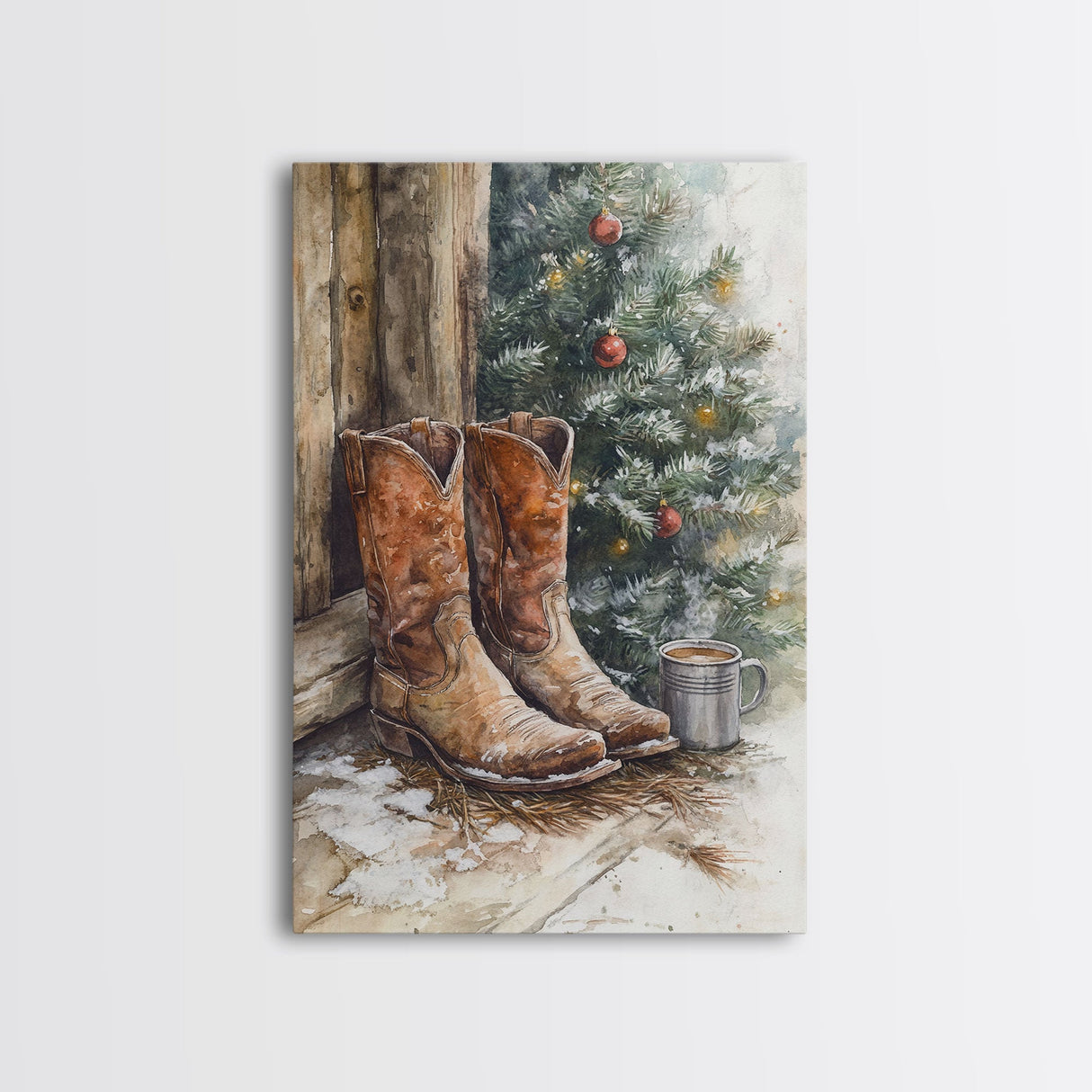 Rustic cowboy boots by Christmas tree, Framed Canvas Print, farmhouse Christmas decor, cozy holiday wall art, western style home decor