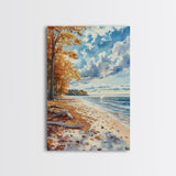 Autumn beach landscape with vibrant fall leaves and coastal breeze Framed Canvas Print perfect fall wall art for seasonal farmhouse decor