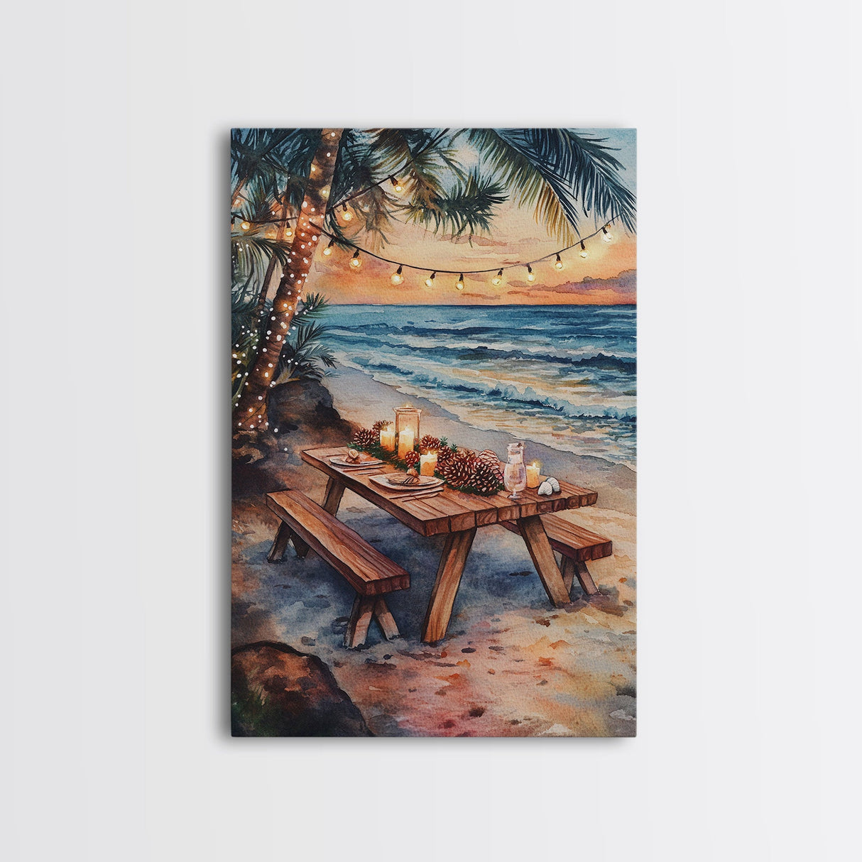 Sunset beach picnic with holiday lights and candles, coastal Christmas decor Framed Canvas Print, perfect tropical holiday art idea