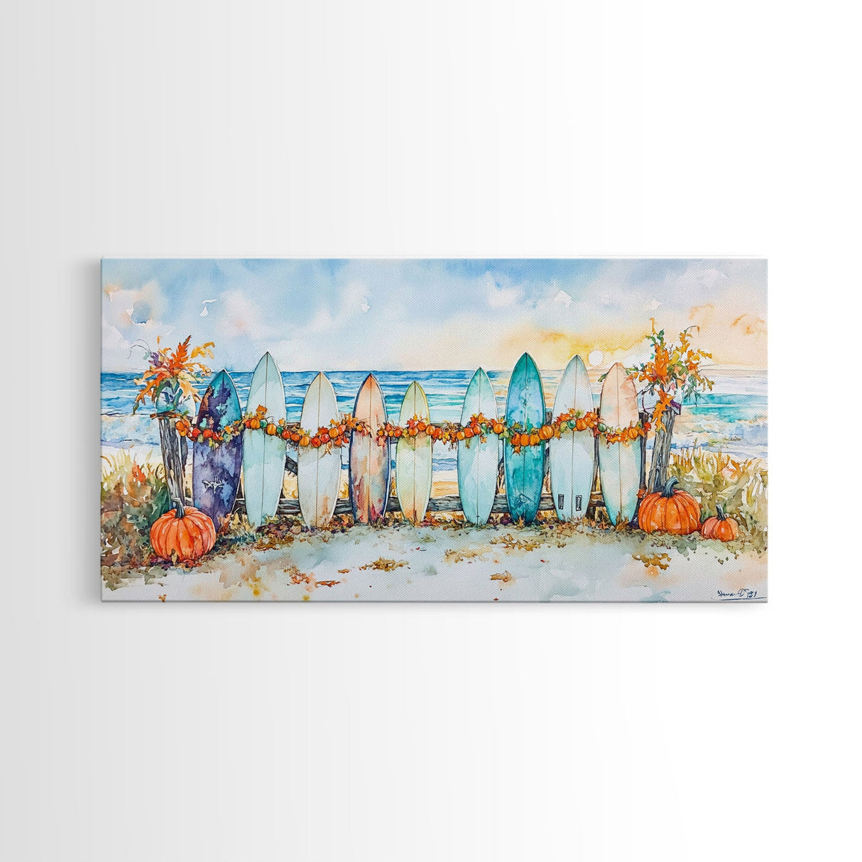 Framed Canvas Print Beach Scene with Surfboards and Pumpkins, Fall Beach Decor, Autumn Coastal Wall Art, Perfect Fall Beach Theme