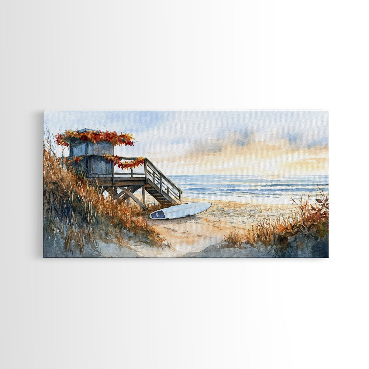 Christmas vacation decor Framed Canvas Print coastal beach cabin snowy winter landscape holiday decor gallery wall Christmas wall print