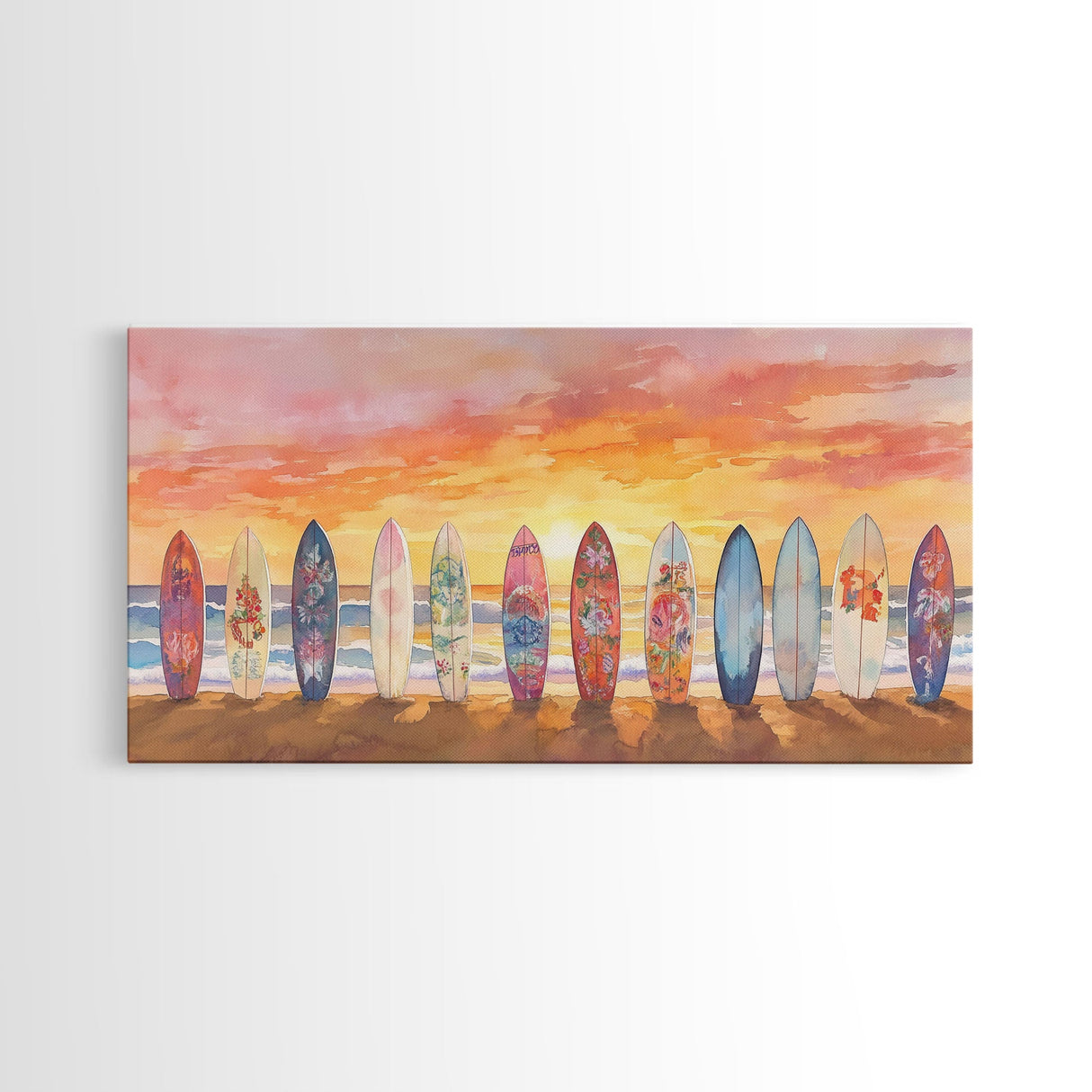 Vibrant Sunset Beach Art Surfboard Canvas Print Tropical Beach Wall Art Framed Canvas Print Fall Beach Scene Autumn Surfboard Decor