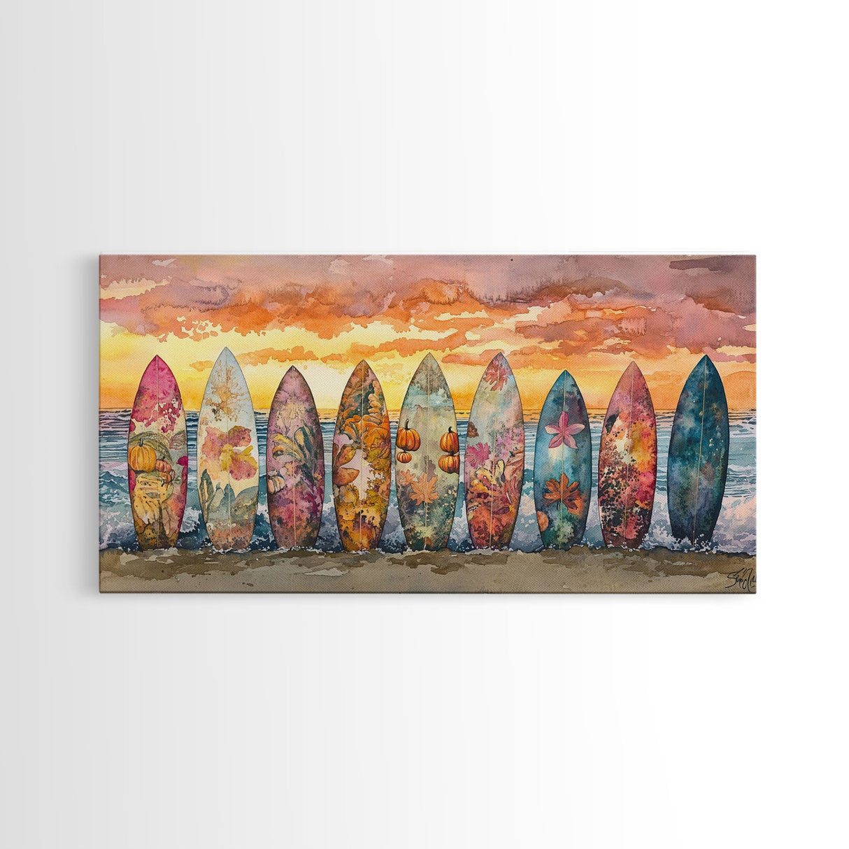 Fall Surfboards Beach Art Print Canvas Wall Art Autumn Surfboard Beach Scene Seasonal Wall Art Framed Canvas Print Fall Beach Decor