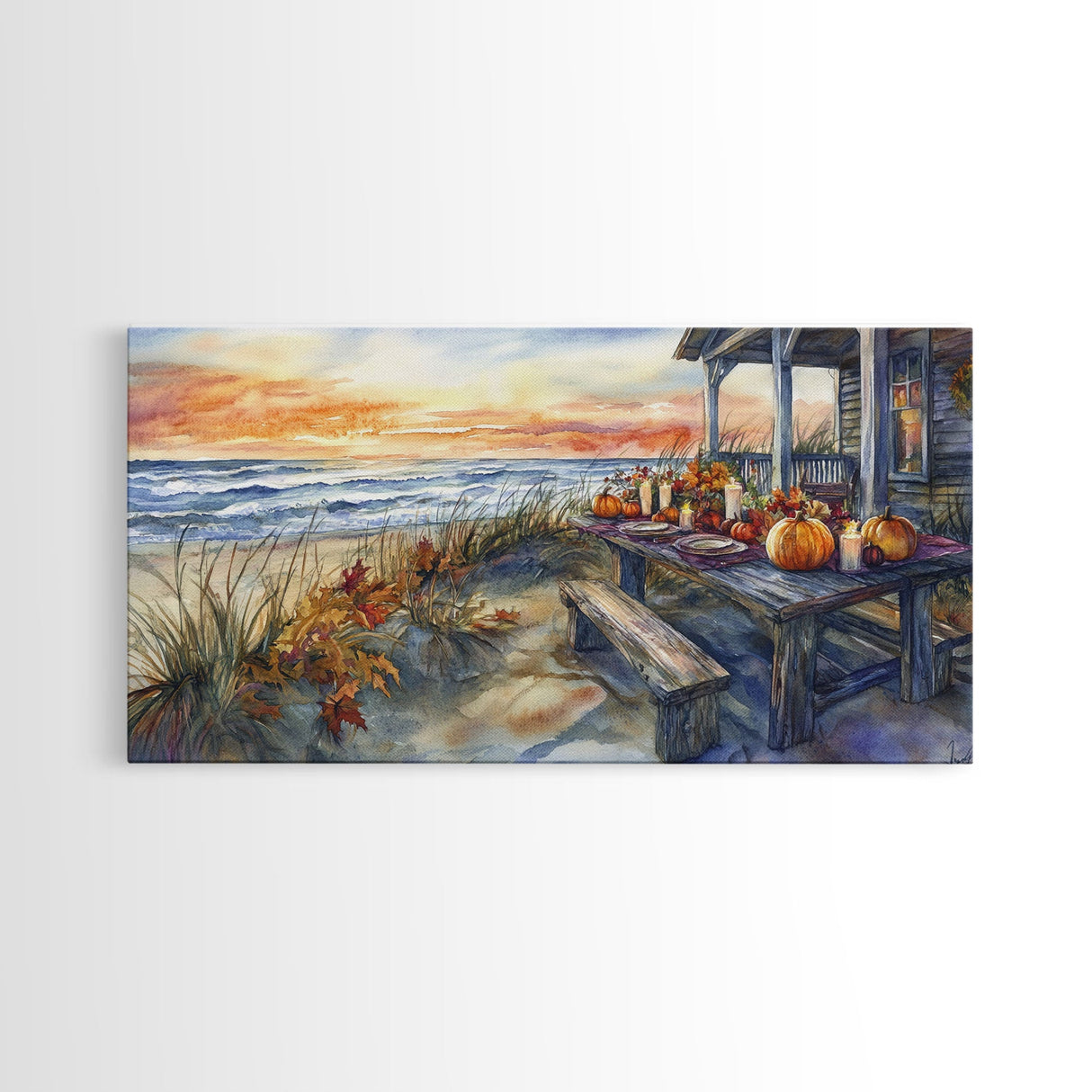 Beach Thanksgiving Table Pumpkins Canvas Print Fall Beach Decor Autumn Coastal Wall Art Framed Canvas Print Seasonal Wall Art