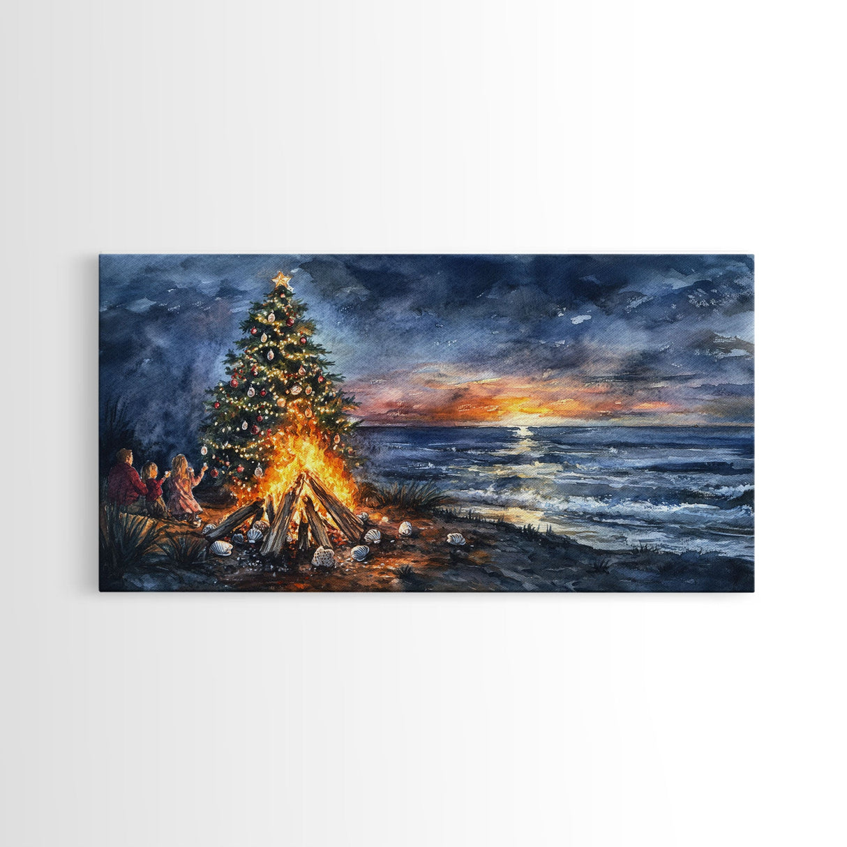 Beach Christmas decor with bonfire, sunset coastal holiday wall art, Christmas tree print, festive coastal art gift, framed canvas print