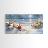 Snow-Covered Beach with Shells and Starfish, Framed Canvas Print, Coastal Holiday Decor, Nautical Christmas Art, Beach Christmas Art Gift