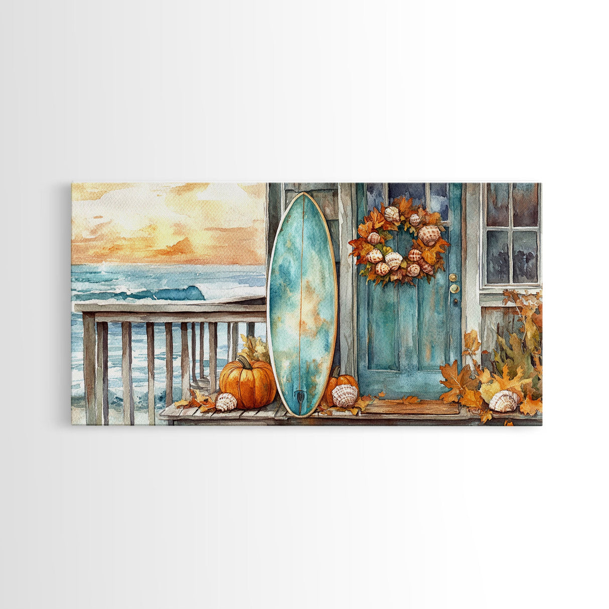 Coastal Surfboard and Pumpkins Fall Scene, Framed Canvas Print, Autumn Beach Decor, Fall Home Decor, Wall Art, Coastal Autumn Wall Print