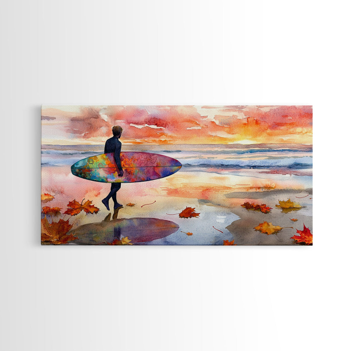 Autumn Surfing Sunset Canvas Print | Fall Surf Art Gift | Seasonal Wall Art Decor | Gift Idea | Beach Decor Fall Theme | Framed Canvas Print