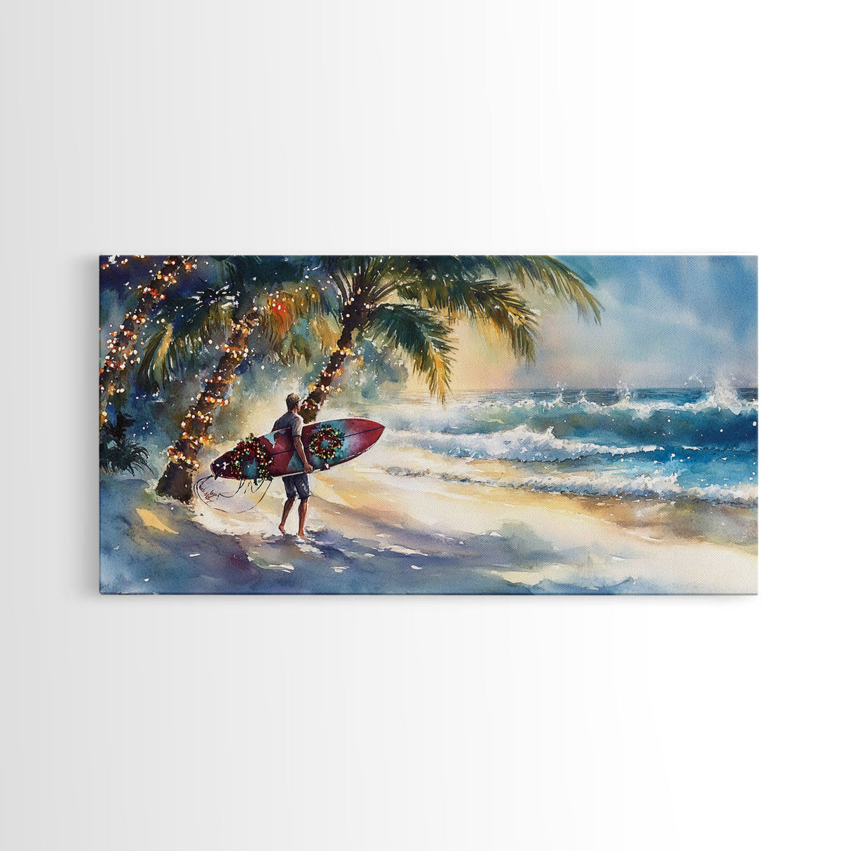 Surfer Christmas Tropical Canvas Print | Beach Christmas Art | 2024 Holiday Wall Art | Tropical Christmas Home Decor Gift Idea Coastal Decor