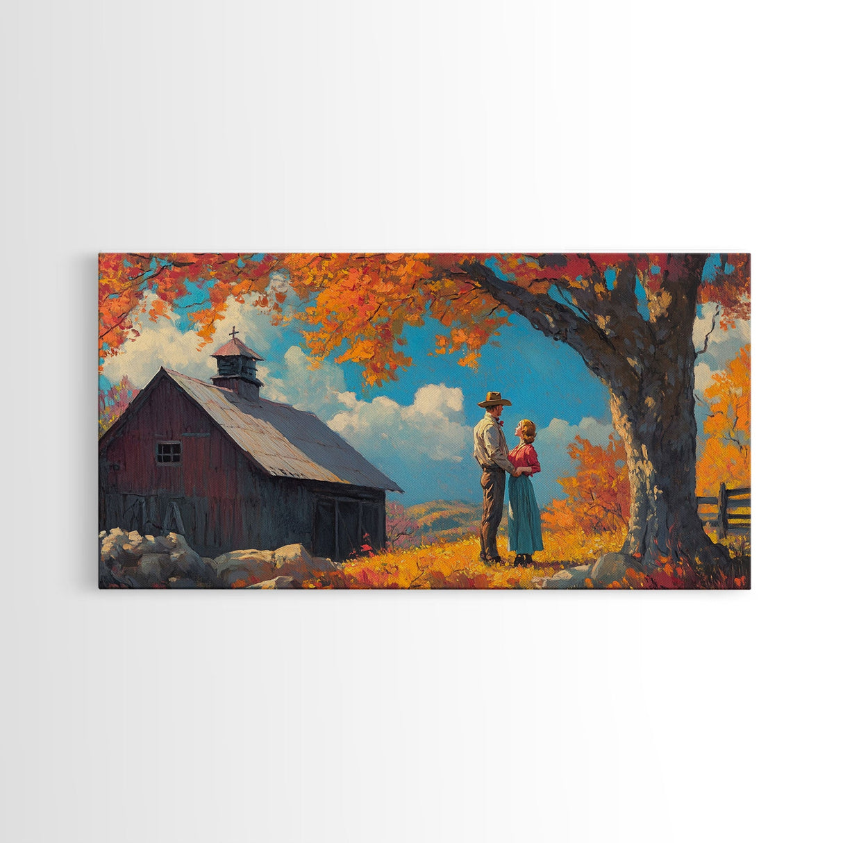 Our First House, Framed Canvas Print, Cowboy & Cowgirl In Love, Fall Landscape Western Art Wall Decor Seasonal Wall Art