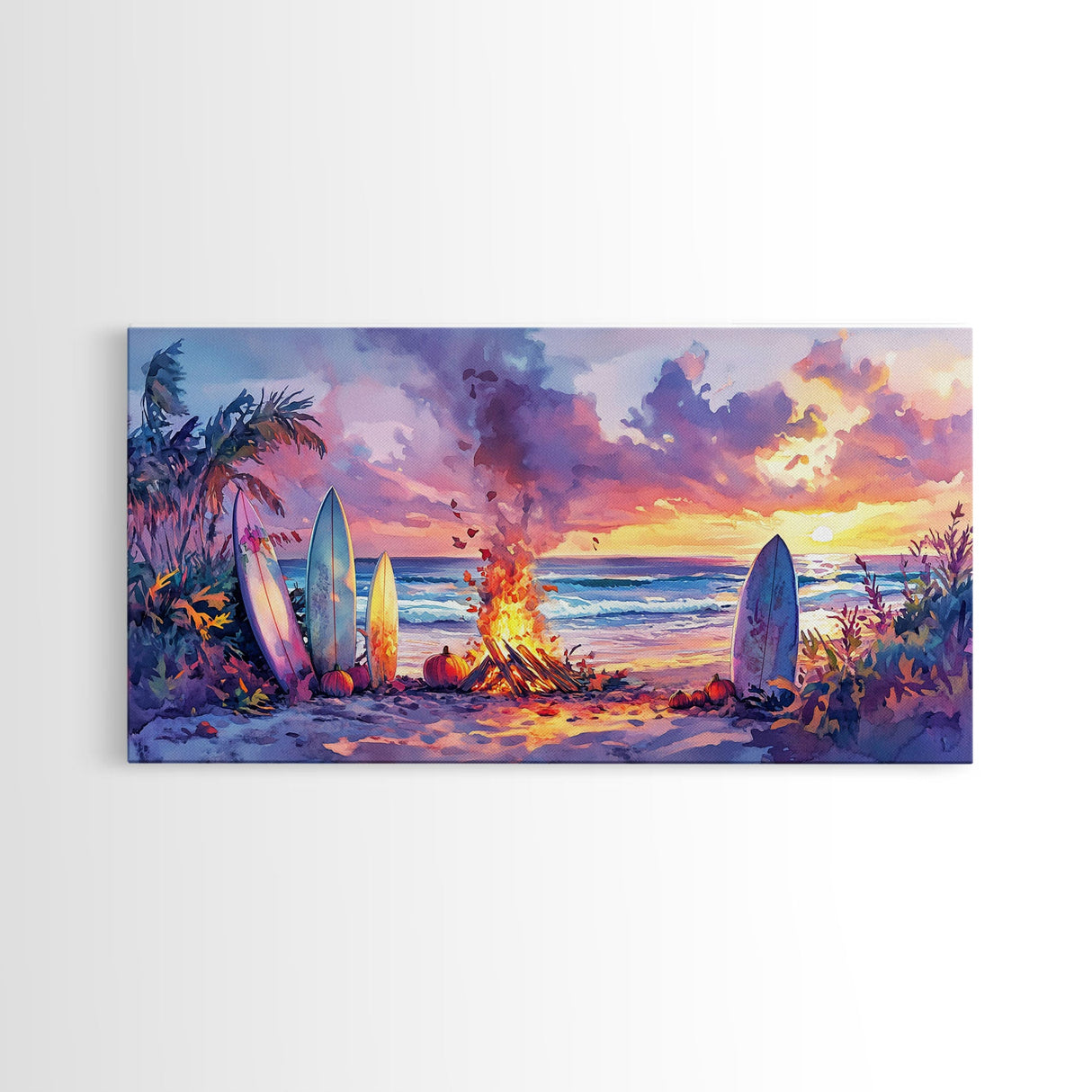 Surfboards And Bonfire At Sunset With Pumpkins, Tropical Beach Christmas Wall Art, Coastal Holiday Framed Canvas Print