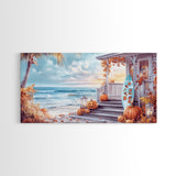 Fall Beachfront Porch With Pumpkins Autumn Decor Framed Canvas Print, Coastal Autumn Home Decor Wall Art Beach Vibes