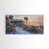 Tropical Beach House Autumn Sunset Scene With Pumpkins Framed Canvas Print, Coastal Fall Wall Art Perfect Gift Idea