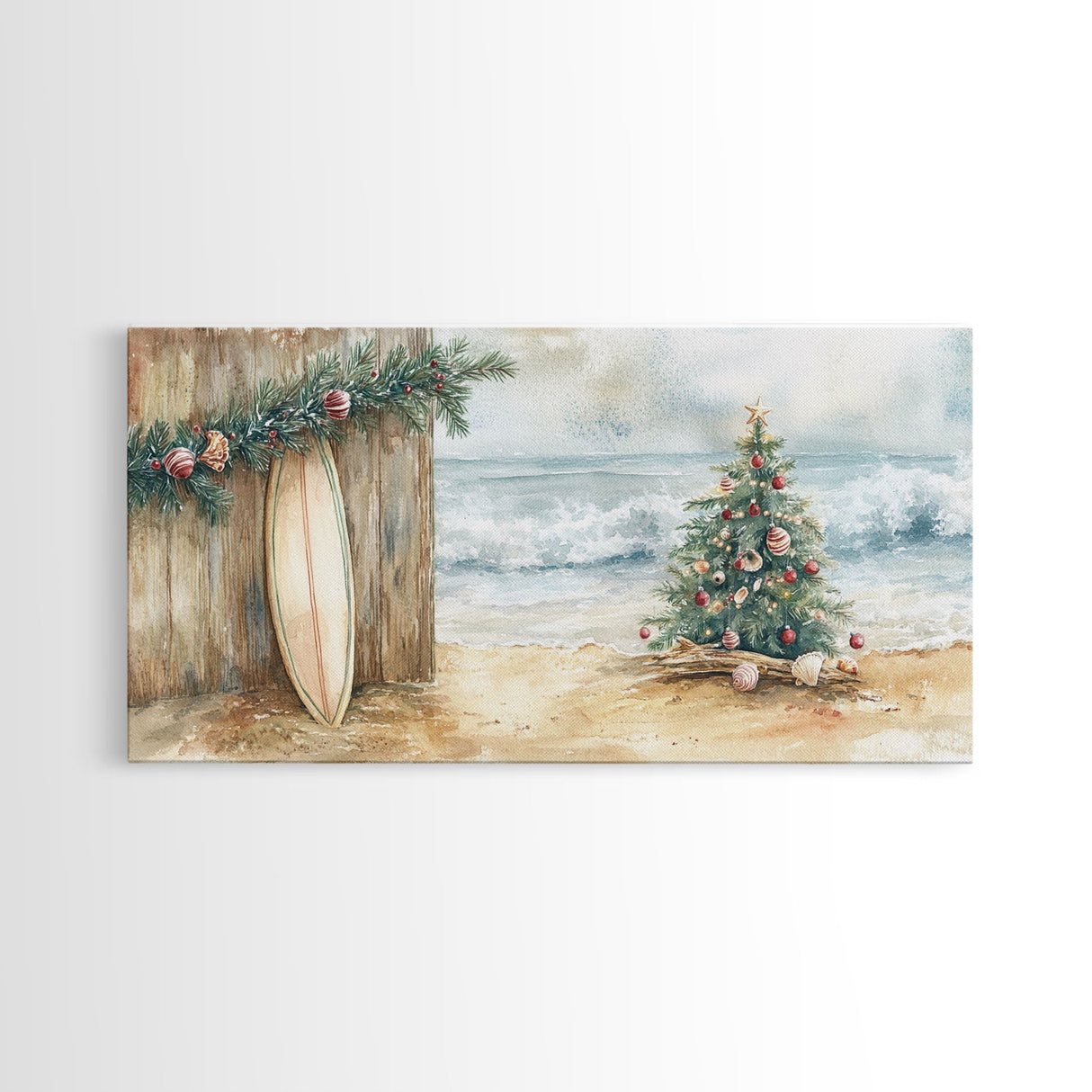 Christmas Tree On Sandy Beach With Surfboard Coastal Decor Framed Canvas Print, Beach Christmas Decor Wall Art