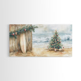 Christmas Tree On Sandy Beach With Surfboard Coastal Decor Framed Canvas Print, Beach Christmas Decor Wall Art