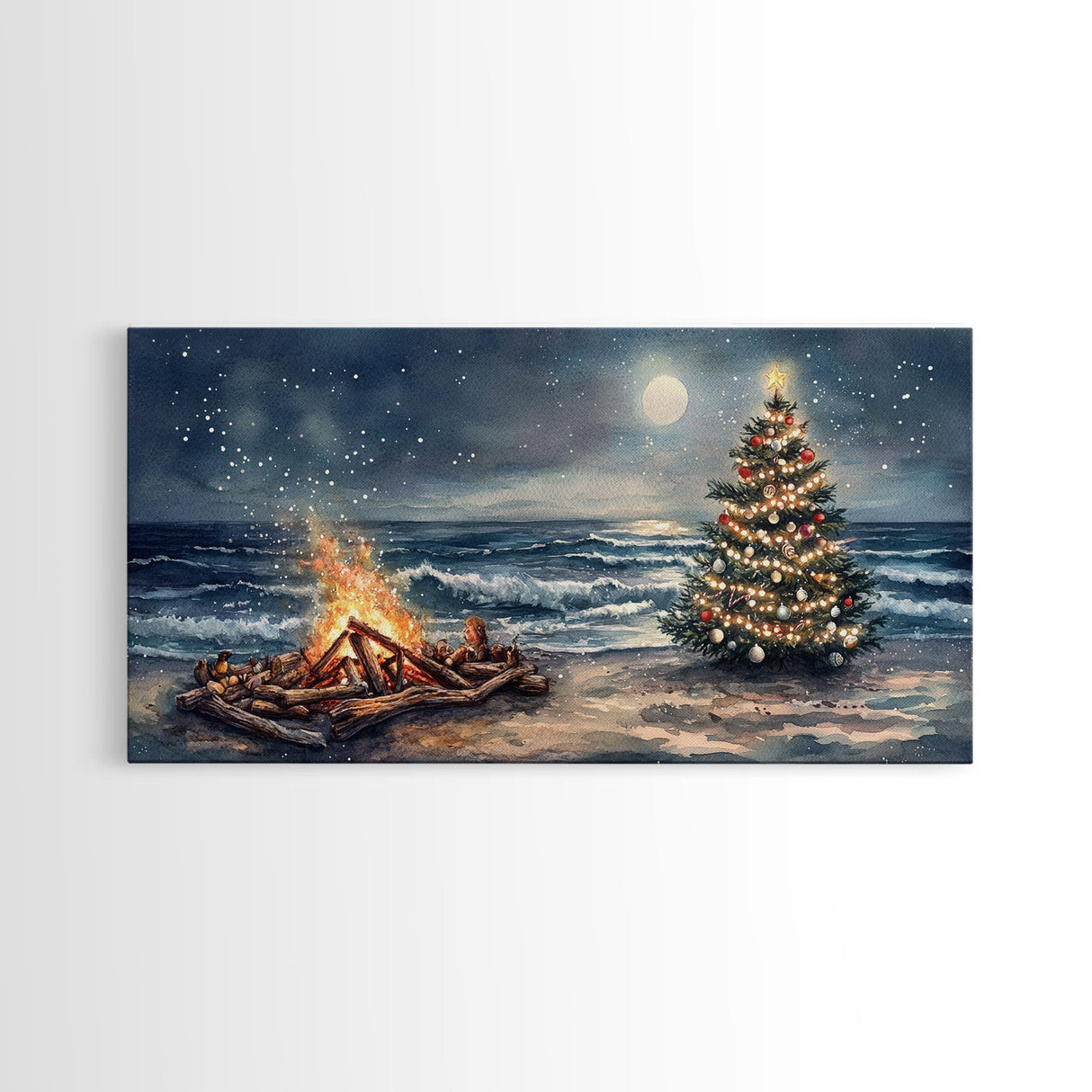 Cozy Bonfire On Beach With Christmas Tree Framed Canvas Print, Nighttime Winter Beach Holiday Wall Art And Coastal Decor