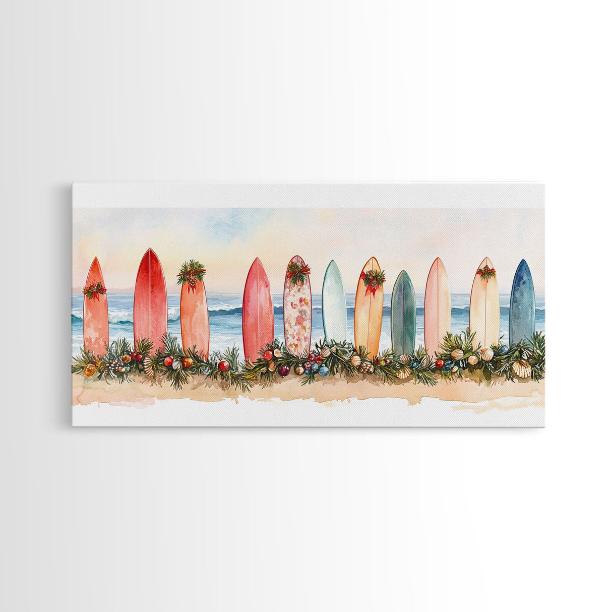 Surfboard Christmas Decor Framed Canvas Print, Coastal Holiday Scene with Festive Garland and Beachy Vibes Tropical Christmas Art