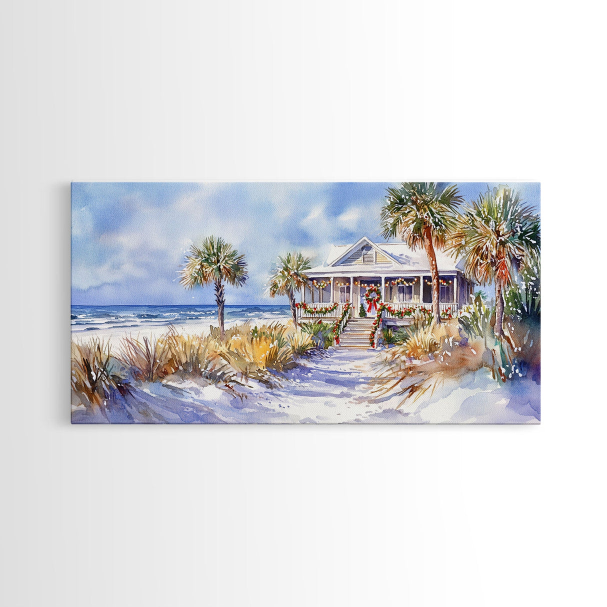 Snowy tropical Christmas decor scene, Framed Canvas Print beach house wreath and holiday lights, winter coastal home decor Christmas art