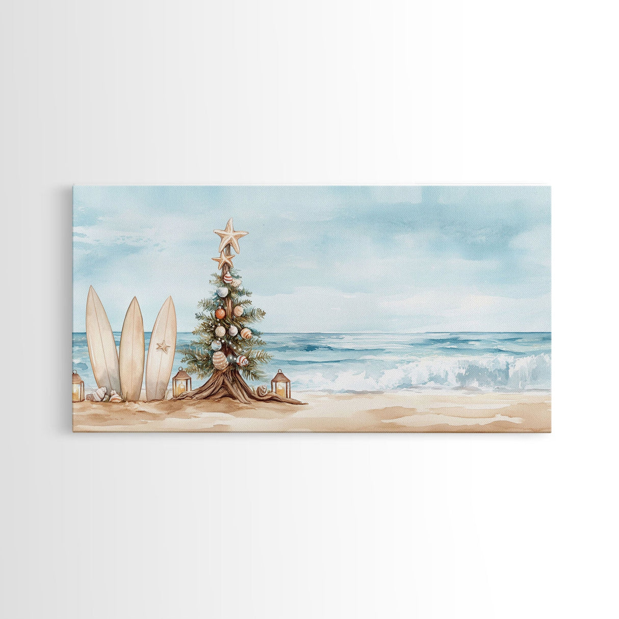 Beach Christmas scene with surfboards and decorated tree, tropical holiday art framed canvas print, perfect coastal seasonal decor